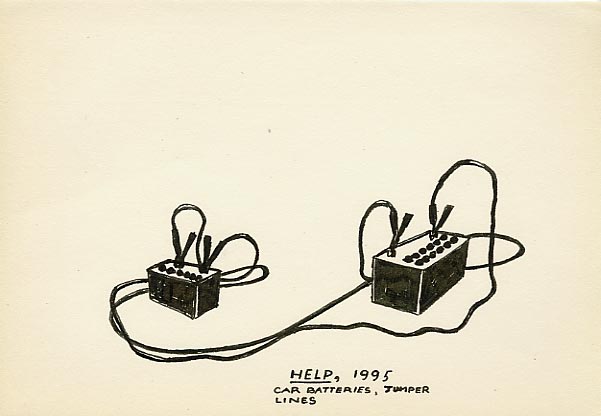 Geert Dekkers - a drawing a day at nznl.com - HELP, 1995, CAR BATTERIES, JUMPER LINES
drawing