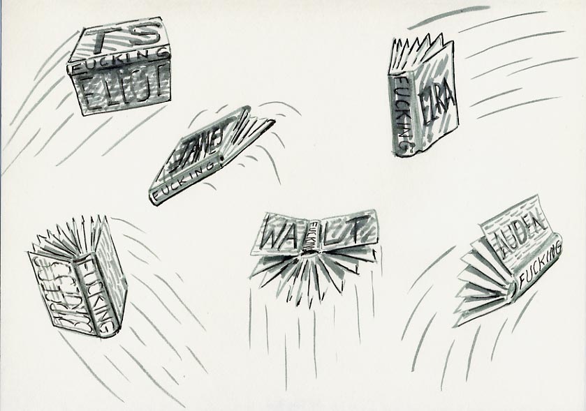 Geert Dekkers - a drawing a day at nznl.com - books flying fly ezra pound eliot burgess auden james joyce walt whitman fucking