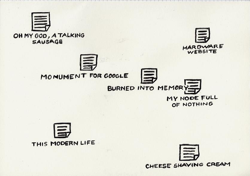 Geert Dekkers - a drawing a day at nznl.com - O MY GOD A TALKING SAUSAGE MONUMENT FOR GOOGLE BURNED INTO MEMORY HARDWARE WEBSITE  MY NODE FULL OF NOTHING THIS MODERN LIFE CHEESE SHAVING CREAM
drawing