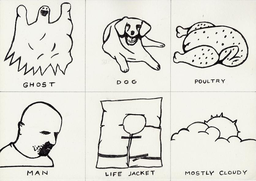 Geert Dekkers - a drawing a day at nznl.com - GHOST, DOG, POULTRY, MAN, LIFE JACKET, MOSTLY CLOUDY 
