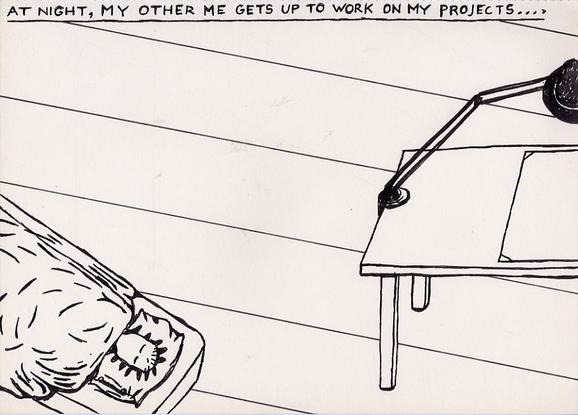 Geert Dekkers - a drawing a day at nznl.com - AT NIGHT, MY OTHER ME GETS UP TO WORK ON MY PROJECTS....
drawing