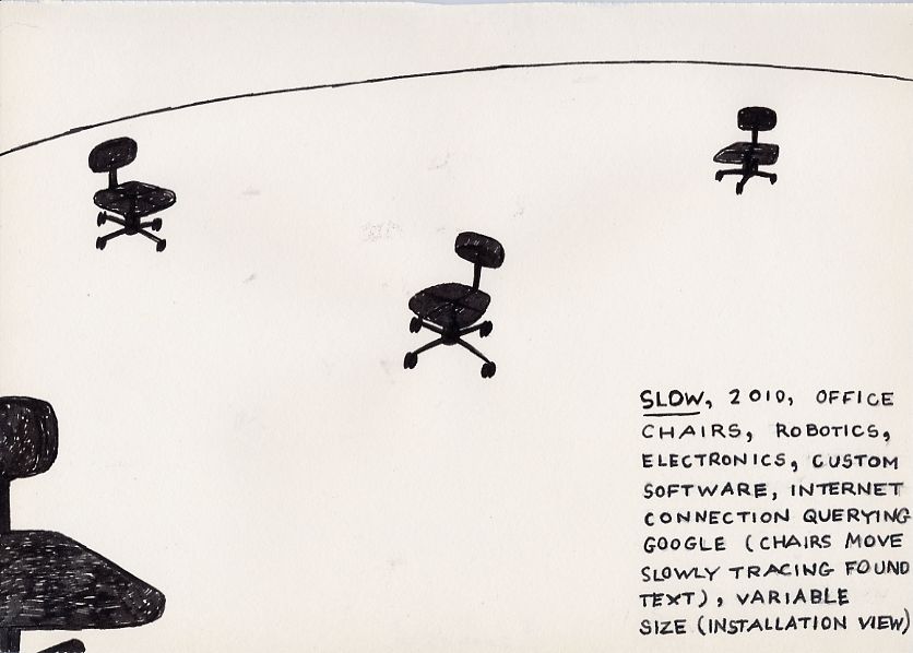 Geert Dekkers - a drawing a day at nznl.com - SLOW, 2010, OFFICE CHAIRS, ROBOTICS, ELECTRONICS, CUSTOM SOFTWARE, INTERNET CONNECTION QUERYING GOOGLE (CHAIRS MOVE SLOWLY TRACING FOUND TEXT), VARIABLE SIZE (INSTALLATION VIEW)
drawing