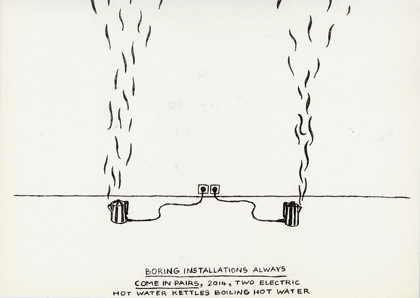 Geert Dekkers - a drawing a day at nznl.com - BORING INSTALLATIONS ALWAYS COME IN PAIRS, 2014, TWO ELECTRIC HOT WATER KATTLES BOILING HOT WATER