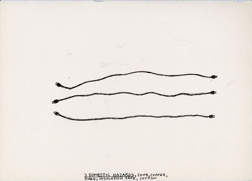 Geert Dekkers - a drawing a day at nznl.com - 3 DOMESTIC HAZARDS, 2009, COPPER NAILS, INSULATION TAPE, COTTON
