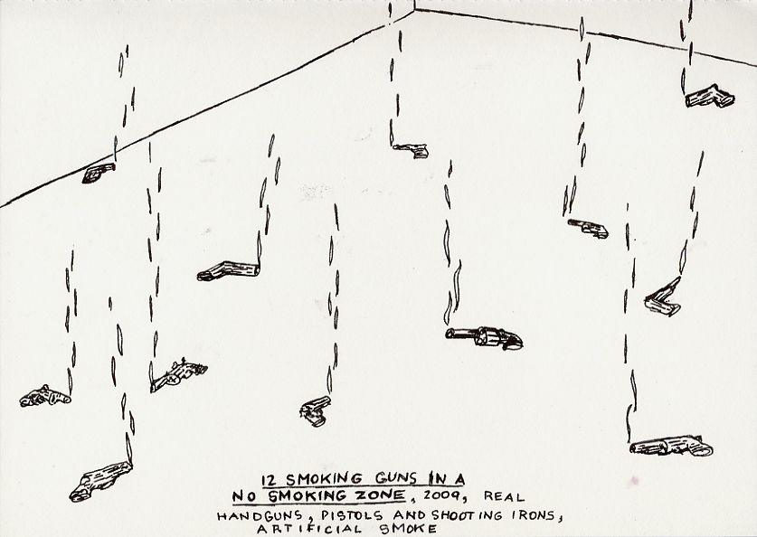 Geert Dekkers - a drawing a day at nznl.com - 12 SMOKING GUNS IN A NO SMOKING ZONE, 2009, REAL HANDGUNS, PISTOLS AND SHOOTING IRONS, ARTIFICIAL SMOKE