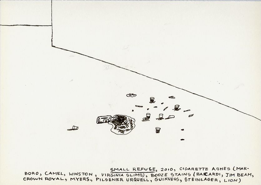 Geert Dekkers - a drawing a day at nznl.com - SMALL REFUSE, 2010, CIGARETTE ASHES (MARLBORO, CAMEL, WINSTON, VIRGINIA SLIMS), BOOZE STAINS (BARCARDI, JIM BEAM, CROWN ROYAL, MYERS, PILSENER URQUELL, GUINNESS, STEINLAGER, LION)