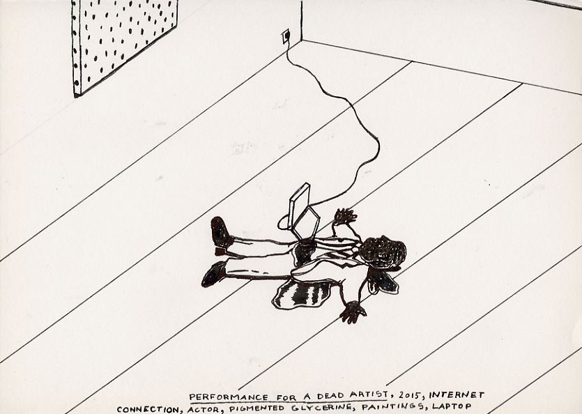 Geert Dekkers - a drawing a day at nznl.com - PERFORMANCE FOR A DEAD ARTIST, 2015, INTERNET CONNECTION, ACTOR, 
PIGMENTED GLYCERINE, PAINTINGS, LAPTOP
