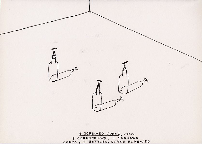 Geert Dekkers - a drawing a day at nznl.com - 3 SCREWED CORKS, 2010, 3 CORKSCREWS, 3 SCREWED CORKS, 3 BOTTLES, CORKS 
SCREWED
