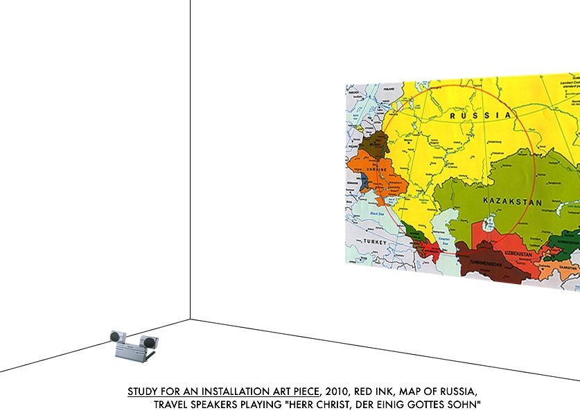 Geert Dekkers - a drawing a day at nznl.com - STUDY FOR AN INSTALLATION ART PIECE, 2010, RED INK, MAP OF RUSSIA, TRAVEL SPEAKERS PLAYING 