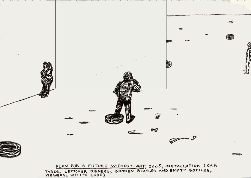 Geert Dekkers - a drawing a day at nznl.com - PLAN FOR A FUTURE WITHOUT ART, 2008, INSTALLATION (CAR TYRES, LEFTOVER DINNERS, BROKEN GLASS AND EMPTY BOTTLES, VIEWERS, WHITE CUBE)
drawing edited in fireworks
