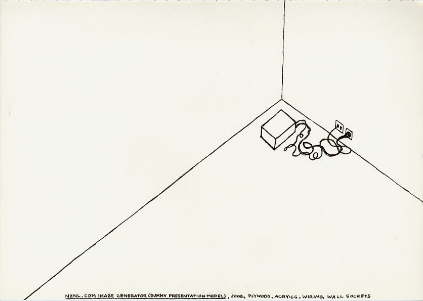 Geert Dekkers - a drawing a day at nznl.com - NZNL.COM IMAGE GENERATOR (DUMMY PRESENTATION MODEL), 2008, PLYWOOD, ACRYLICS, WIRING, WALL SOCKETS
drawing