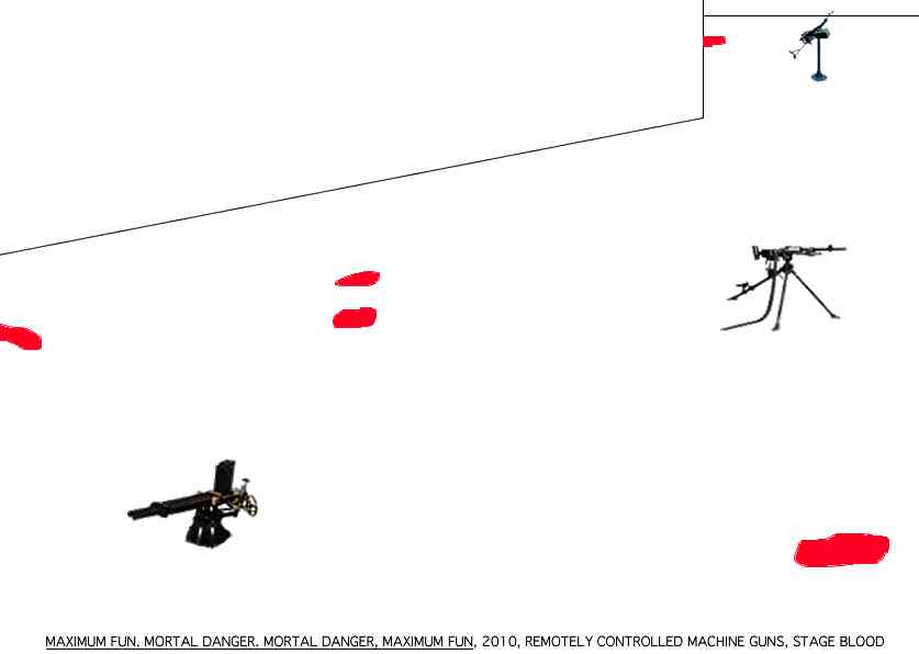 Geert Dekkers - a drawing a day at nznl.com - MAXIMUM FUN. MORTAL DANGER, MORTAL DANGER, MAXIMUM FUN, 2010, REMOTELY CONTROLLED MACHINE GUNS, STAGE BLOOD
fireworks file with googled images