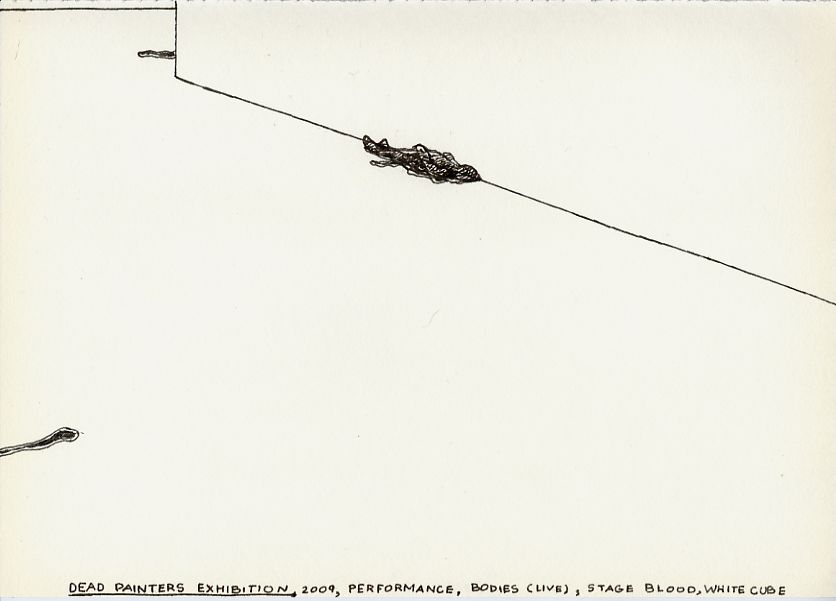 Geert Dekkers - a drawing a day at nznl.com - DEAD PAINTERS EXHIBITION, 2009, PERFORMANCE; BODIES (LIVE), STAGE BLOOD, WHITE CUBE